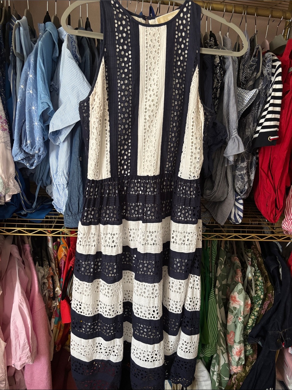 Michael Kors Sleeveless Navy and White Eyelet Stripe Midi Dress